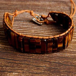 Boho Natural Stone Tiger Eye  Leather Bracelet